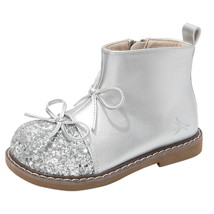 红蜻蜓女童鞋儿童艾莎公主小短靴子2025新款冬季加绒宝宝皮鞋洋气