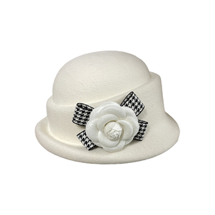 三环路【原创】格纹蝴蝶山茶花礼帽文艺羊毛帽子白色典雅时尚多戴