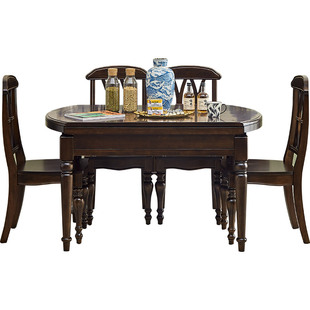 萨洛美式餐桌椅组合轻奢复古家用小户型可伸缩折叠变圆实木饭桌子