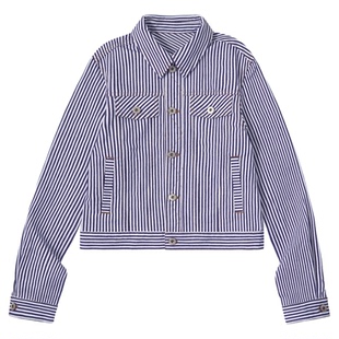 PSO Brand女装色织竖条纹翻领休闲女士短外套修身显瘦夹克潮牌