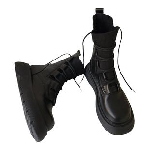 2025秋冬新款真皮马丁靴女款显瘦百搭针织系带英伦风弹力机车短靴