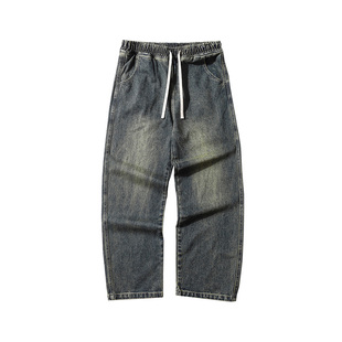 男道美式复古水洗直筒牛仔裤男秋季潮牌百搭高街松紧抽绳休闲长裤