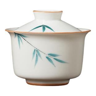 手绘竹子功夫茶具陶瓷悬停二才盖碗便携泡茶碗旅行茶具茶碗快客杯