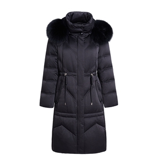 马天奴2025新款黑色狐狸毛领连帽高领鹅绒羽绒服收腰中长时尚百搭
