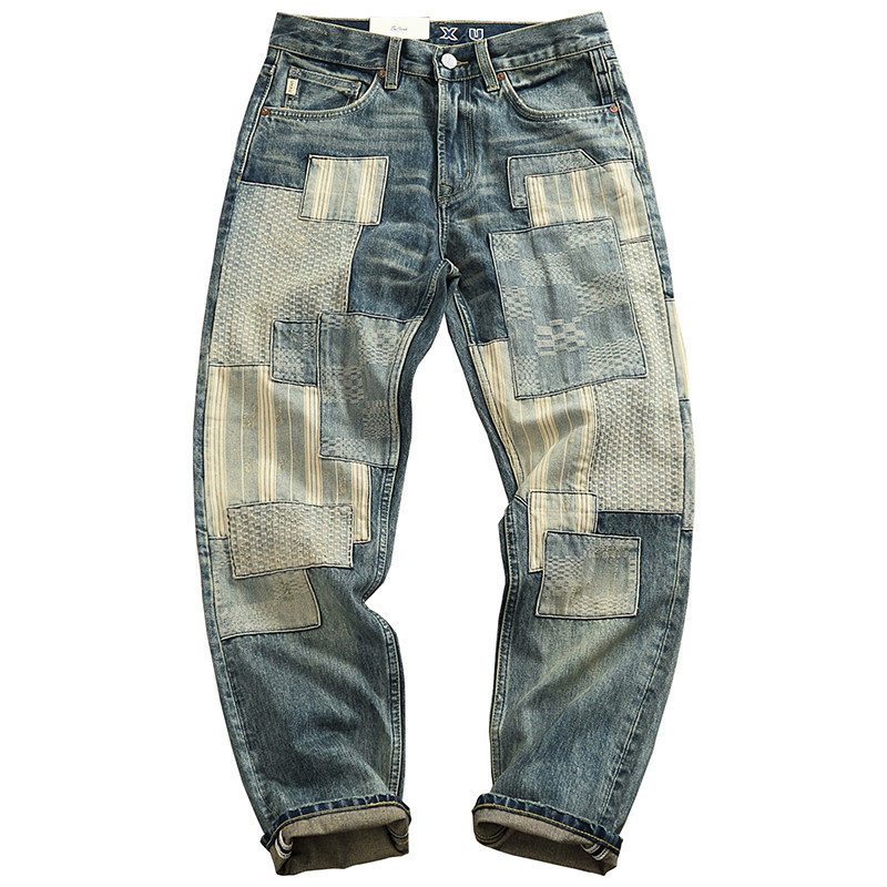 美式复古贴布补丁潮牌休闲裤浅色牛仔裤男高端做旧水洗锥形裤