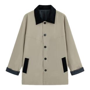 流石男装高级感经典撞色夹克2026春季男士英伦巴恩风拼接翻领外套