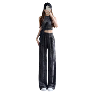 黑色高腰美式破洞裤女2025年夏季新款阔腿裤薄款小众设计感拖地裤