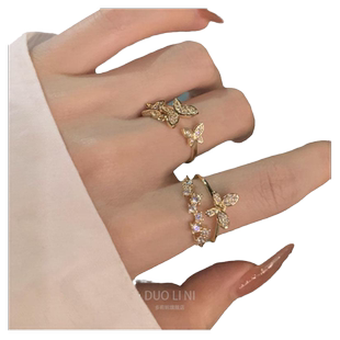 复古日系轻奢蝴蝶开口戒指女小众高级潮精致锆石闪闪个性指环
