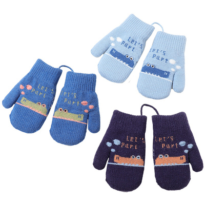 3-8岁儿童手套冬天防冻手男孩针织毛线手套宝宝连指保暖手套挂脖