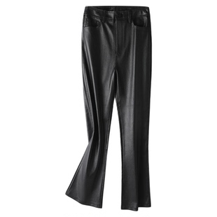 进口弹力皮女裤通勤百搭绵羊皮中腰显瘦直筒裤真皮微喇九分裤春款