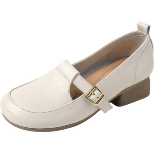 软皮乐福鞋女粗跟软底单鞋真皮玛丽珍女鞋2026新款大码妈妈小皮鞋