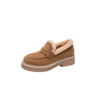 马内尔2025冬季新款一脚蹬厚底加绒保暖懒人增高毛毛乐福鞋雪地靴