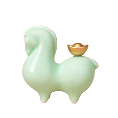 逅里「玉马升迁」绿玉色小马摆件 玄关招财布置 新年送客户朋友礼