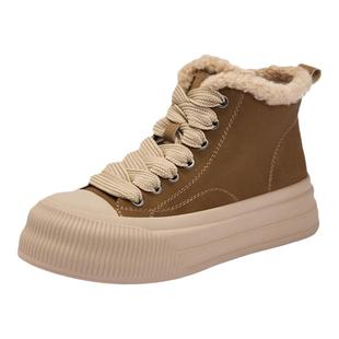 卓诗尼鞋子女2025秋季新款时尚休闲女鞋秋冬款帆布靴加绒高帮板鞋