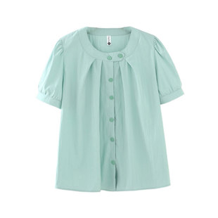 胖妹妹新款大码女装夏装衬衫女短袖单排圆领双纽扣纯色200斤衬衣