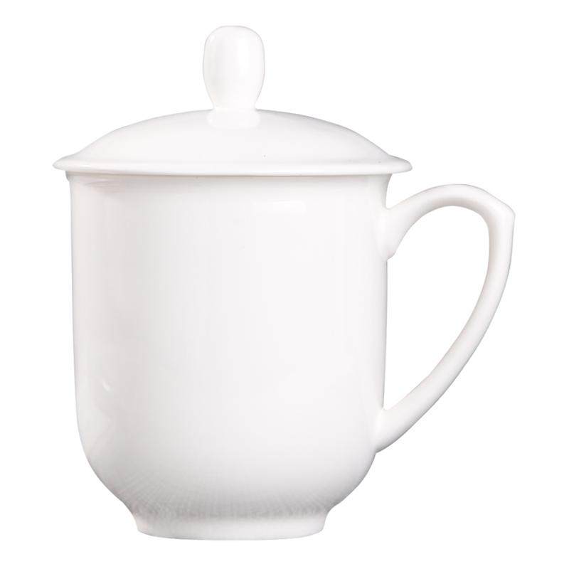 景德镇茶杯陶瓷杯带盖简约骨瓷水杯纯白色办公杯会议室杯子可定制