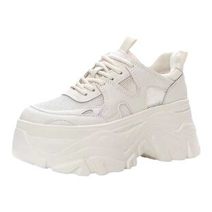 8cm真皮厚底老爹鞋女2026新款夏季透气网面休闲女款小个子增高鞋