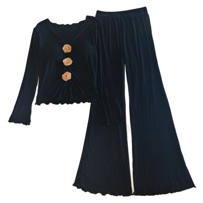 莫代尔睡衣女春秋冬带胸垫家居服