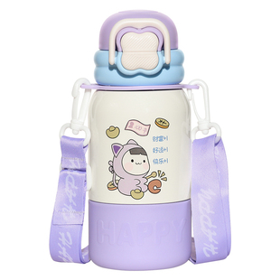 背带儿童保温杯2025新款男生杯子女生高颜值吸管水杯便携带盖可爱