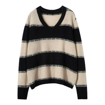 2025秋冬新款V领条纹羊绒衫女100纯山羊绒针织打底衫宽松长袖毛衣