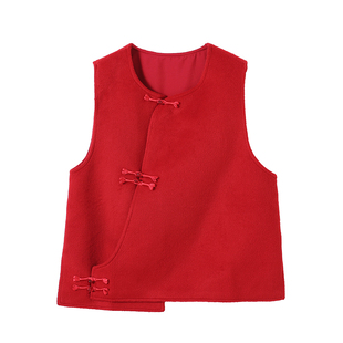 2026春季新款上衣复古慵懒上衣新中式轻国风红色盘扣马甲上衣女款