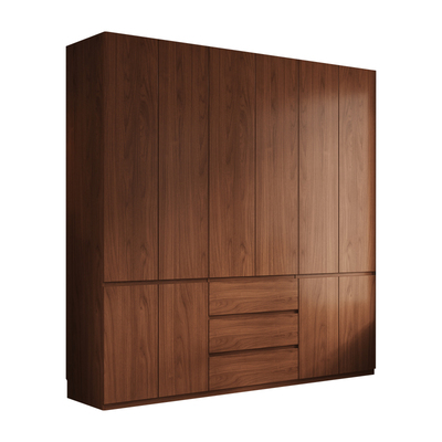 广东佛山工厂定制全实木衣柜橡木家用卧室胡桃色中古风大衣橱复古