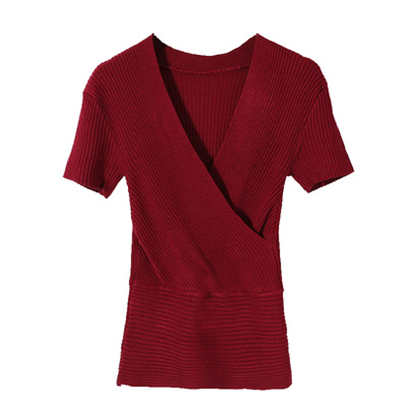 性感低胸深V领短袖针织打底衫毛衣女交叉上衣T恤小衫夜店装春夏潮
