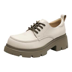 红蜻蜓厚底乐福鞋女新款女鞋黑色粗跟单鞋增高英伦风真皮白色皮鞋