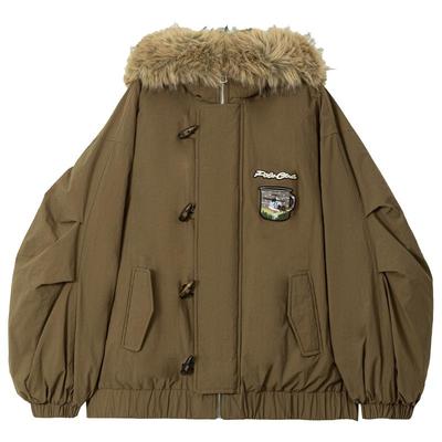 KEIKO[重磅白鸭绒] 美式大毛领连帽加厚羽绒服冬季复古短款派克服