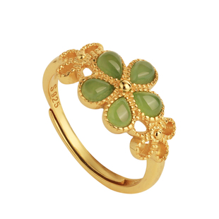 小银匠和田玉碧玉纯银花朵戒指女新中式国风小众设计金镶玉金包银