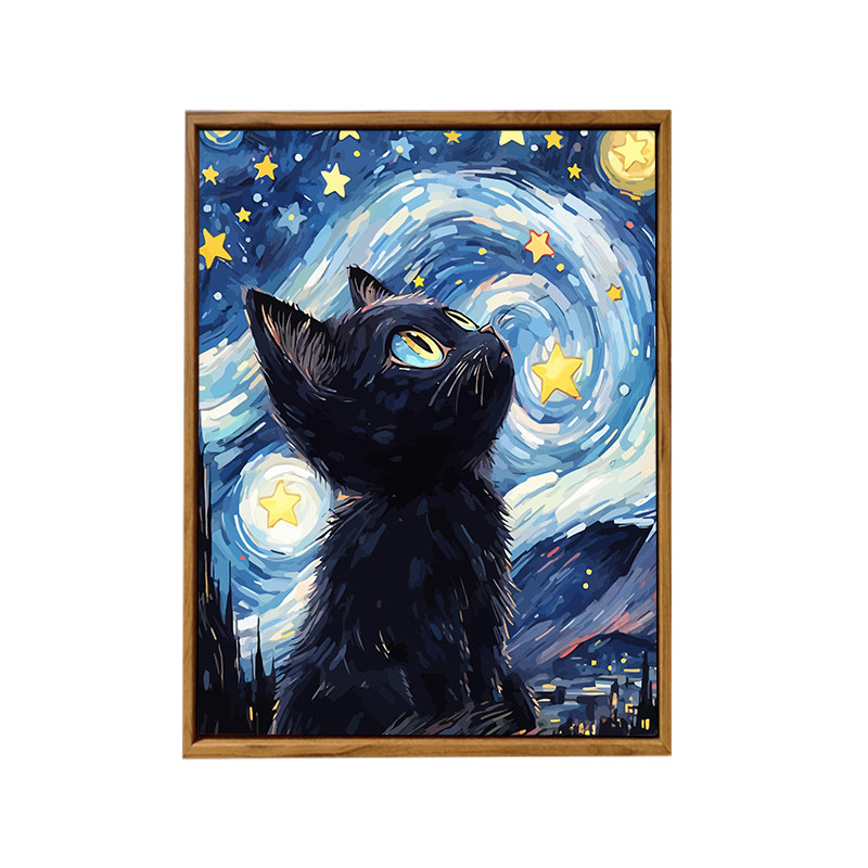梵高风星空治愈猫咪DIY数字油画