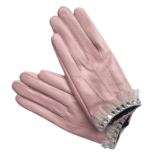 小羊皮手套蕾丝边带钻真皮手套女式薄款黑粉白加绒加厚秋冬短时尚