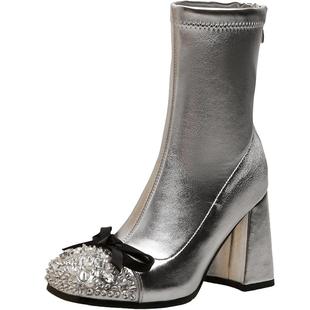 银色粗跟高跟短靴女弹力靴2025秋冬季新款时尚超火包腿瘦瘦靴子潮