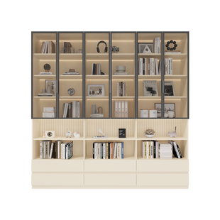 政补实木书柜一体到顶整墙客厅储物柜书架靠墙置物架玻璃门展示柜