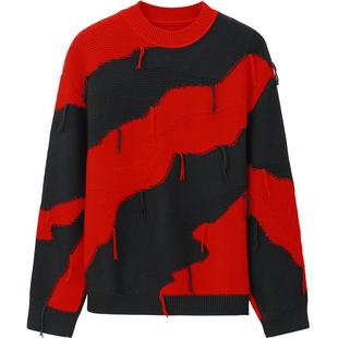 速写男装秋季新款毛衫嵌花撞色宽松套头圆领毛衣设计感时尚潮流