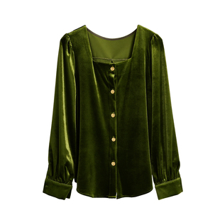 绿色方领丝绒长袖衬衫女2026年秋冬新款时髦洋气衬衣别致显瘦上衣