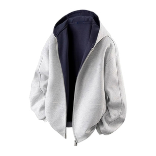 黑红双层带帽开衫卫衣男美式青少年连帽衫高级感廓形拼接拉链外套