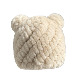 真獭兔毛皮草小熊帽子加厚毛毛帽防寒保暖护耳帽毛绒针织帽包头帽