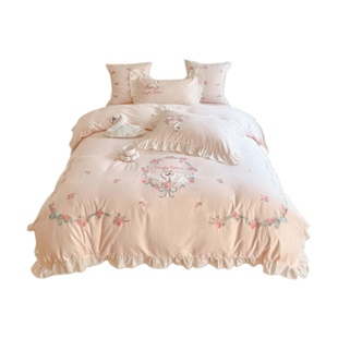 少女心纯棉加厚磨毛四件套全棉被套公主风天鹅儿童荷叶边床单床品