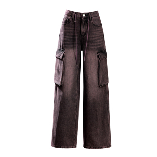 黑红色加绒牛仔裤女2026新款美式工装裤冬季加厚裤子阔腿裤直筒裤