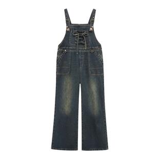 FPMZ 装饰扣口袋绑带蝴蝶结做旧水洗复古学院风背带裤连体裤长裤