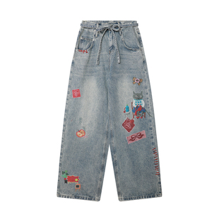 【丁程鑫同款】LALABOBO刺绣牛仔裤26春夏原创微喇显腿长涂鸦裤子