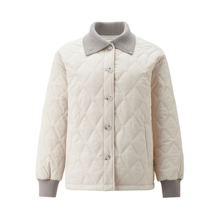 设计师款佐丹奴女装拼接罗纹翻领菱形格绗缝宽松棉衣外套18375508