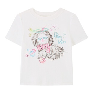 出逃赤岗西 白色卡通印花烫钻短袖T恤女夏季薄款短款显瘦正肩上衣