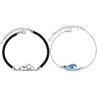 山盟海誓情侣手链纯银一对情侣款手饰品轻奢小众送男女友七夕礼物