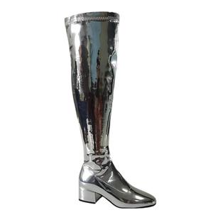 金色银色漆皮粗跟瘦腿弹力靴小码模特走秀比赛表演过膝长靴瘦瘦靴