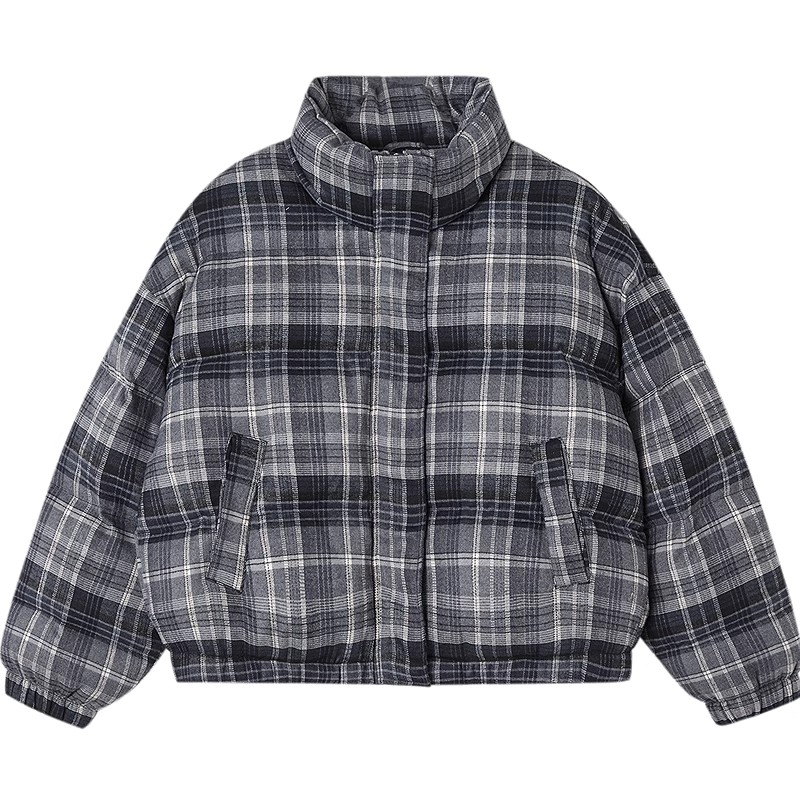 复古格纹短款加厚棉服女小个子