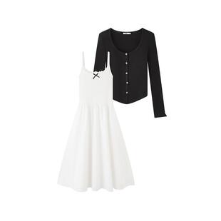 三福连衣裙套装2026新款春季气质开衫披肩白色吊带长裙两件套女装