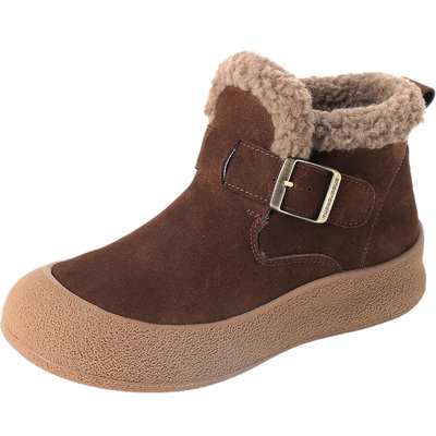 磨砂皮短靴真皮复古加绒加厚雪地靴女冬季厚底勃肯鞋舒适妈妈棉鞋