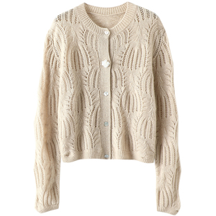 挚爱初见！花朵扣羊绒开衫女纯羊绒毛衣镂空针织开衫外套秋冬新款